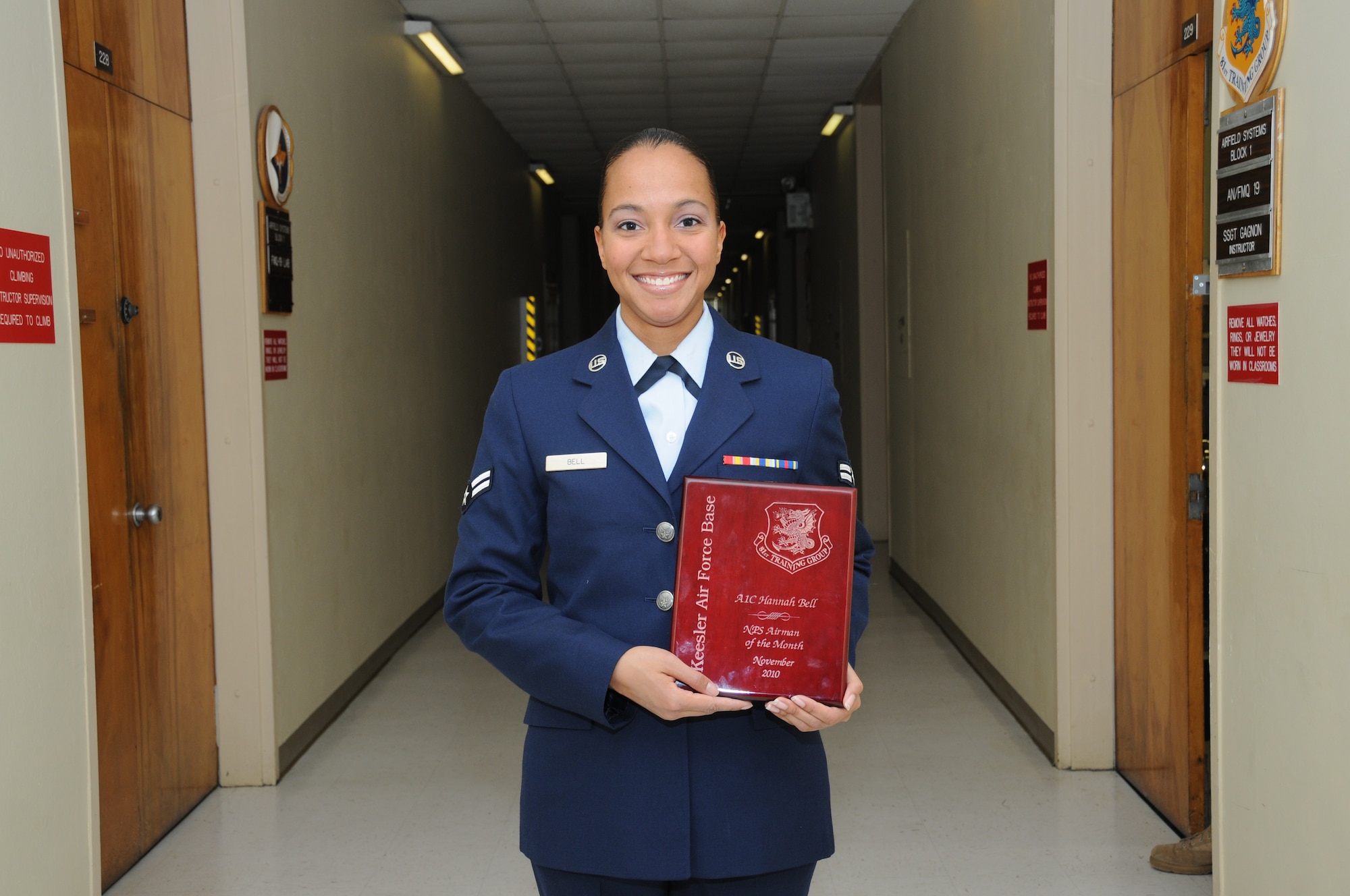 The Airman of the Month is Airman 1st Class Hannah Bell, an airfield systems student
in the 338th Training Squadron from Oahu, Hawaii. She graduates Monday and returns to her home state for an assignment with the Hawaii Air National Guard’s 297th Air Traffic Control Squadron.  (U.S. Air Force photo by Kemberly Groue)