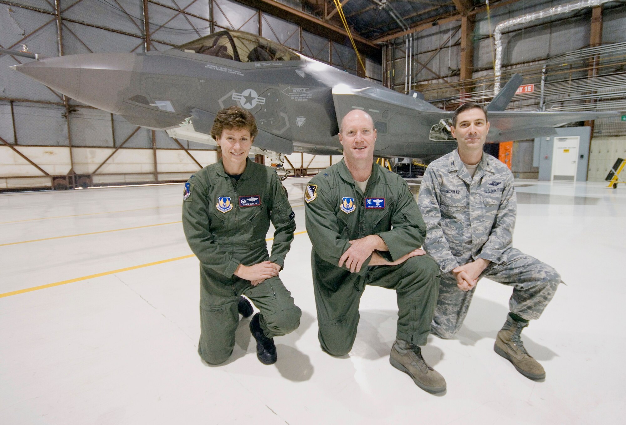Brig. Gen. Robert C. Nolan II, Air Force Flight Test Center commander (center), Col. Dawn M. Dunlop, 412th Test Wing commander (left) and Col. Gregory E. Schwab, 95th Air Base Wing commander (right). (Air Force photo by Rob Densmore)