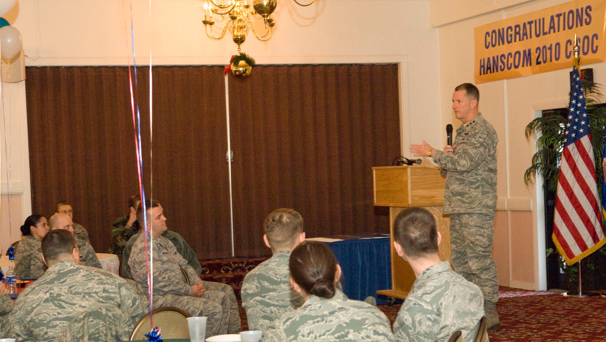 HANSCOM AIR FORCE BASE, Mass. – Lt. Gen. Ted Bowlds, Electronic Systems Center commander, speaks to company grade officers during a commander’s call at the Minuteman Club on Dec. 9. During the call, General Bowlds presented the Company Grade Officers Council with the National CGOC of the Quarter award for July through September 2010 for their efforts in professional development, base support, community service and esprit de corps. Hanscom’s council was selected first out of 91 CGOCs Air Force-wide. (U.S. Air Force photo by Mark Herlihy)