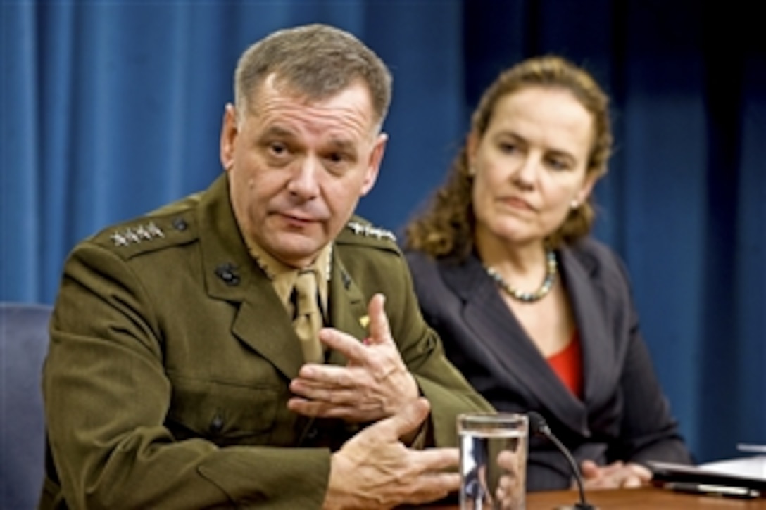 Marine Corps Gen. James E. Cartwright, vice chairman of the Joint Chiefs of Staff, and Undersecretary of Defense for Policy Michele Flournoy conduct a press conference at the Pentagon, Dec. 16, 2010.