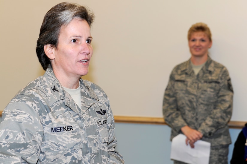 U.S. Air Force Col. Martha Meeker provides remarks during the rededication ceremony of the new General Thomas R. Mikolajcik Child Development Center at Joint Base Charleston on Dec. 16, 2010. The new center is named for Brig. Gen. Thomas Mikolajcik who was the former commander of the 437th Airlift Wing. Colonel Meeker is the 628th Air Base Wing commander. (U.S. Air Force photo/Staff Sgt. Marie Brown)
