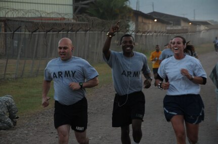 The Jingle Bell Run took place at Soto Cano Air Base, Dec. 16. Members basewide ran the nearly 3.5 mile run/walk enthusiastically adorning jingle bells and Santa hats. Morale Welfare and Recreation sponsored the event and t-shirts were awarded to the first 150 members who completed the run. American Forces News was also on scene videoing and interviewing participants. (U.S. Air Force photo/Staff Sgt. Kimberly R. Moore)