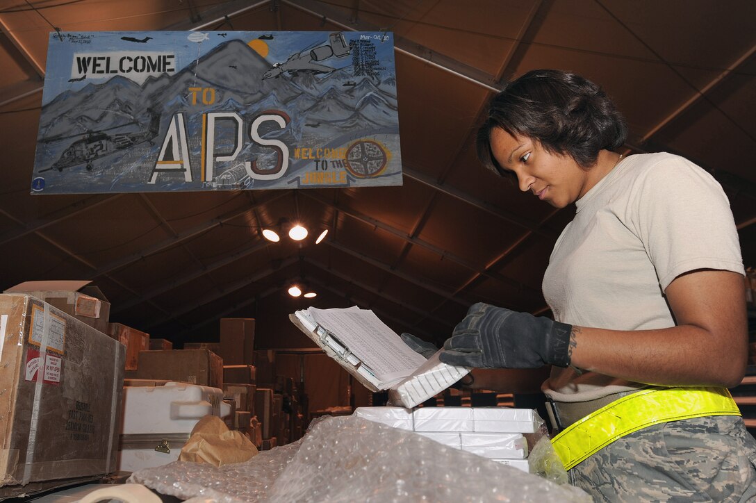 Senior Airman Nasha Franklin conducts an inventory on aircraft parts Dec. 16, 2010, at Kandahar Airfield, Afghanistan. The 451st Expeditionary Logistics Readiness Squadron Aircraft Parts Store supports 11 aircraft maintenance units with an inventory of more than 250,000 parts valued at $19 million. Airman Franklin is a material management journeyman assigned to the 451st ELRS. (U.S. Air Force photo by Tech. Sgt. Chad Chisholm)

