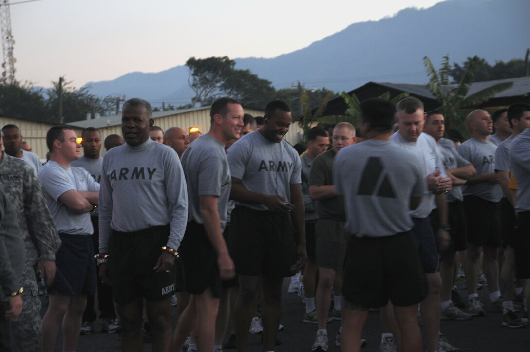 The Jingle Bell Run took place at Soto Cano Air Base, Dec. 16. Members basewide ran the nearly 3.5 mile run/walk enthusiastically adorning jingle bells and Santa hats. Morale Welfare and Recreation sponsored the event and t-shirts were awarded to the first 150 members who completed the run. American Forces News was also on scene videoing and interviewing participants. (U.S. Air Force photo/Staff Sgt. Kimberly R. Moore)