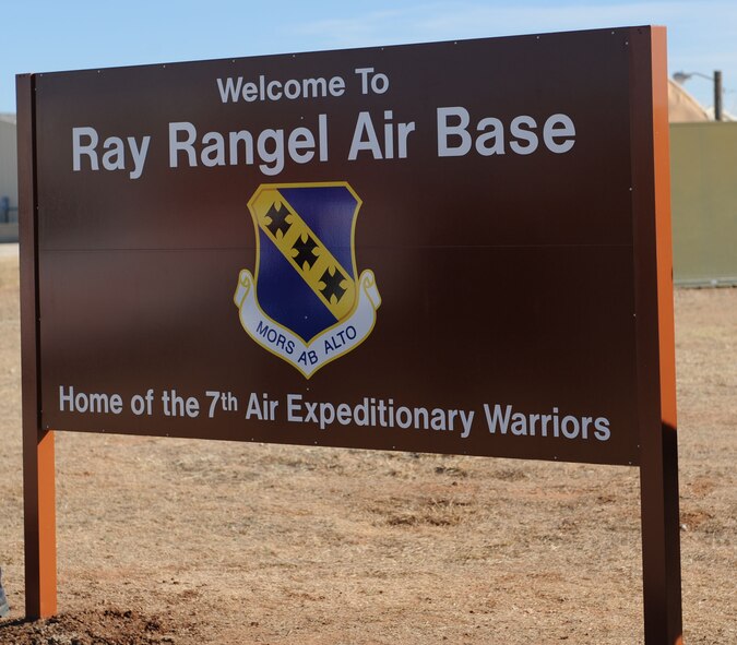 DYESS AIR FORCE BASE, Texas – A new sign honoring one of Dyess’ fallen Airmen welcomes base members to the cantonment area here. The cantonment area, used to host exercises and training sessions, has been renamed in honor of Staff Sgt. Ray Rangel, a 7th Civil Engineer firefighter who lost his life Feb. 13, 2005, at the age of 29, while on a rescue mission in Balad, Iraq. Sergeant Rangel was awarded the Bronze Star Medal Feb. 16, 2005, for his meritorious achievements while deployed. (U.S Air Force photo/ Airman 1st Class Shannon Hall)