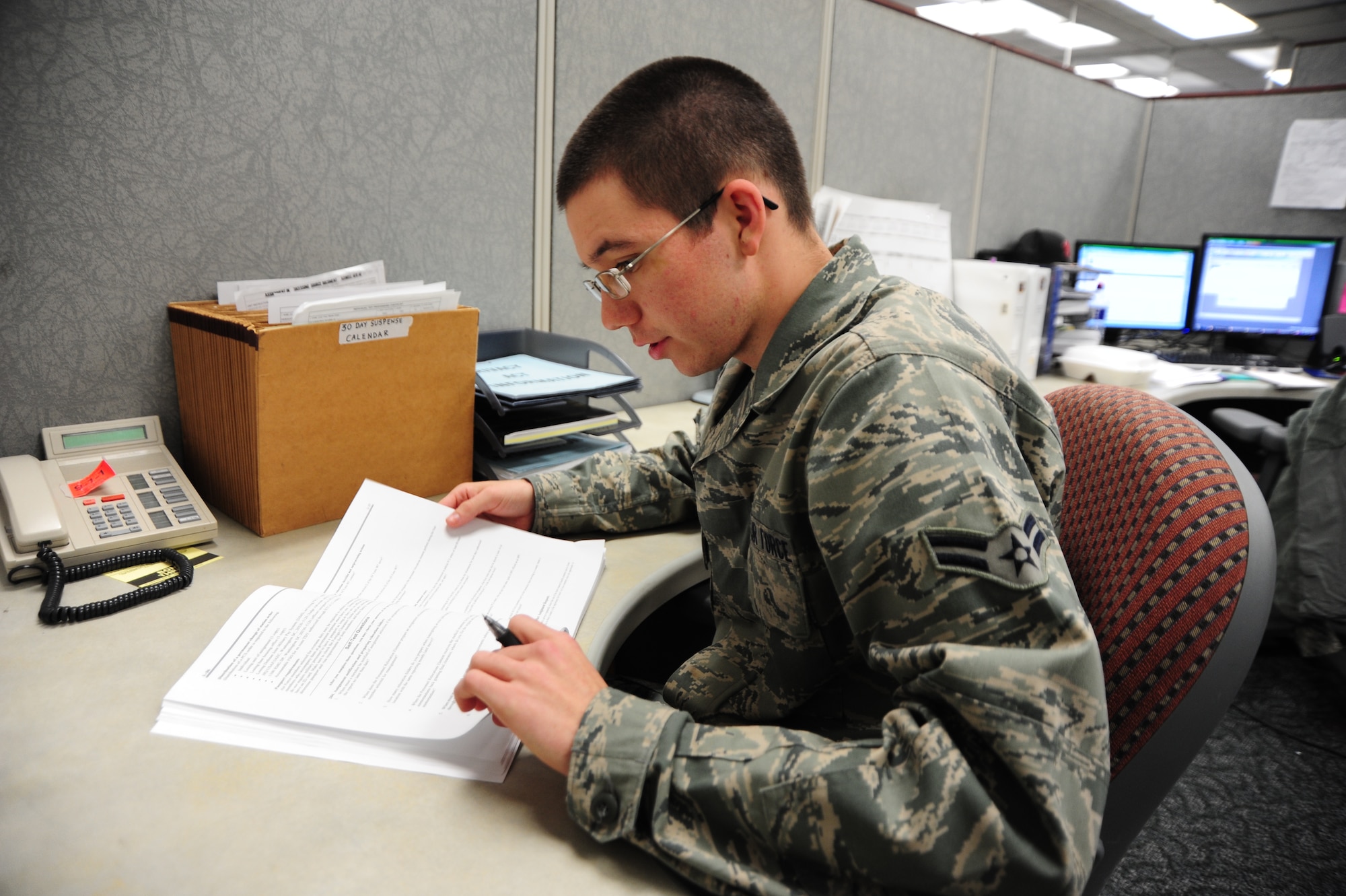 Airman 1st Class Billy Baggett, force management apprentice, 42nd Force Support Squadron, 42nd Air Base Wing, Maxwell Air Force Base, Ala. studies his CDCs as he prepares for his end-of-course test. Electronic CDCs for select career fields were made available November 16 and are available as an alternative to paper CDCs for approximately 60 Air Force Specialty Codes. The number of courses available on-line is slated to increase in mid-December. (Air Force Photo/Airman 1st Class Christopher S. Stoltz)
