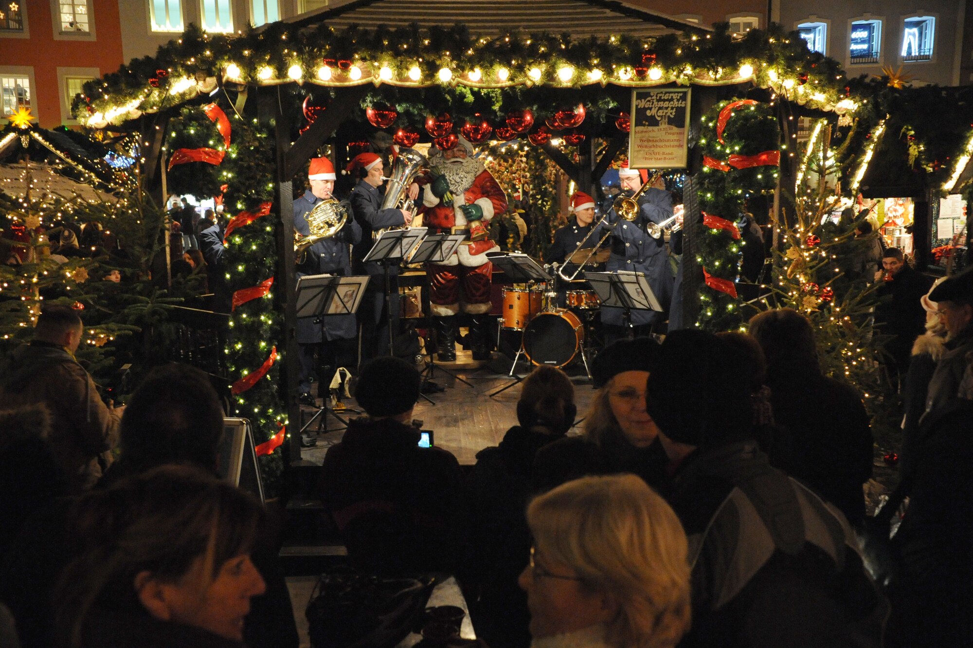 TRIER, Germany – The U.S. Air Forces in Europe Band’s Five Star Brass ensemble performs at the Trier Christmas Market Dec. 15. The USAFE Band played Christmas music in Trier and Bitburg to strengthen ties between U.S. and German neighbors in the area and is scheduled to perform on Spangdahlem Air Base at the commissary, J.R Rockers and the post office, Dec. 21. (U.S. Air Force photo/Staff Sgt. Benjamin Wilson)