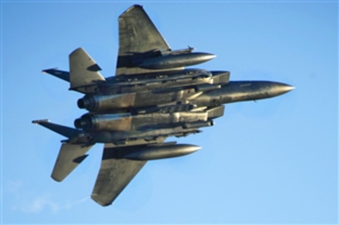 A U.S. Air Force F-15E Strike Eagle aircraft prepares to land after a local training mission at Seymour Johnson Air Force Base, N.C., Dec. 15, 2010. The Strike Eagle is assigned to the 333rd Fighter Squadron.