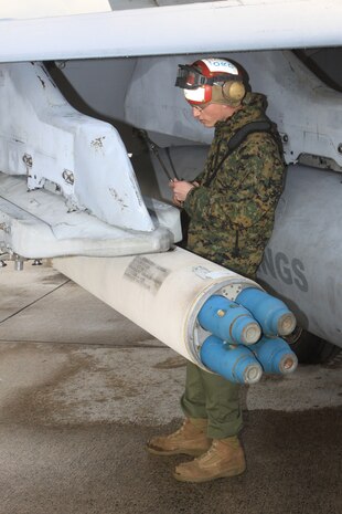Lance Cpl. Casey Hayes, Marine All-Weather Fighter Attack Squadron 225 aviation ordnance technician, ensures a launch adapter unit is safely secured to a VMFA(AW)-225 F/A-18 Hornet during a unit-level training exercise here Dec. 17. Aviation ordnance technicians ensure all ordnance is safely secured several times before a jet can take off.