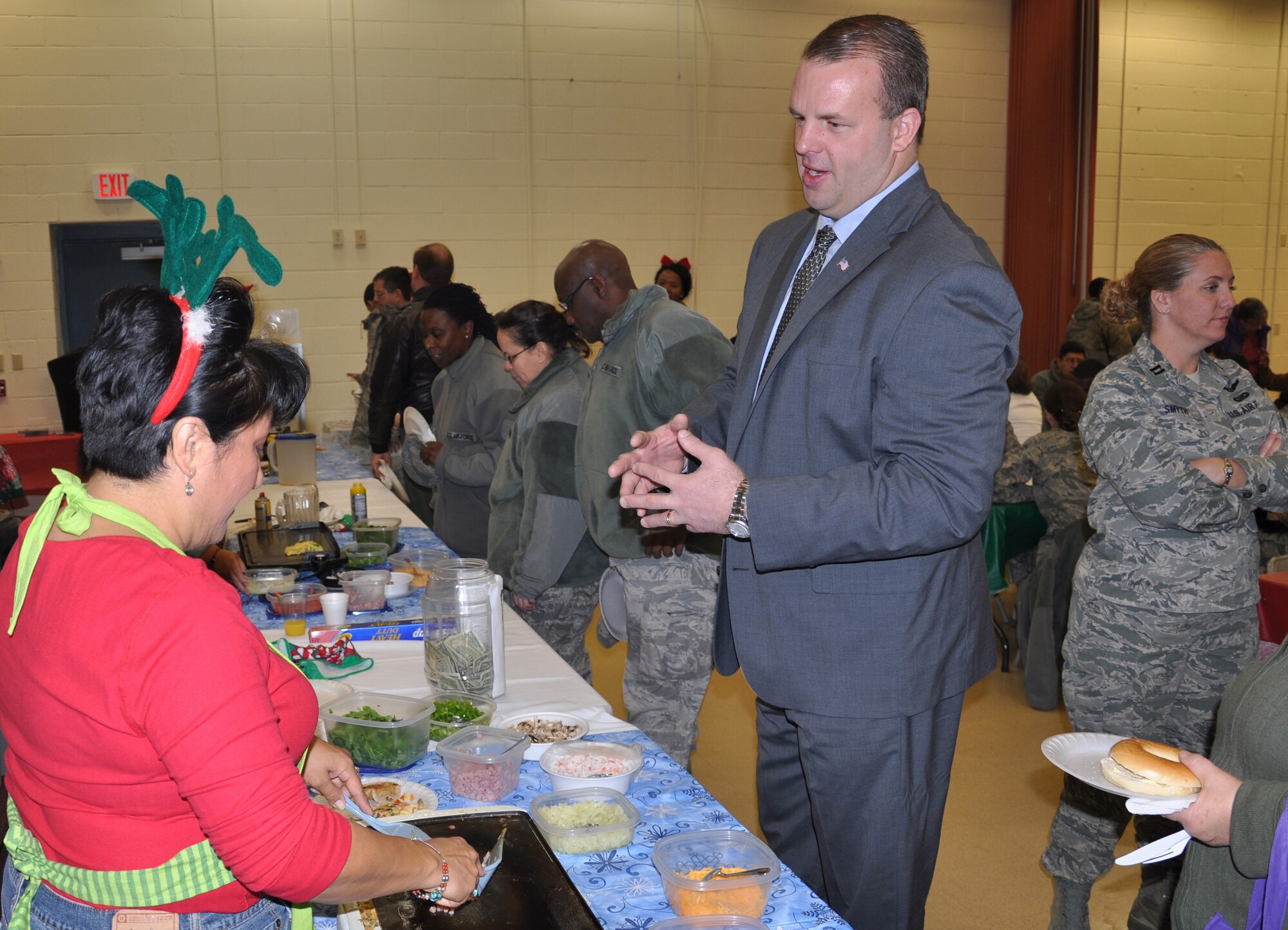 JOINT BASE MCGUIRE-DIX-LAKEHURST, N.J. -- Congressman-elect Jon Runyan places his omelet order at the 514th Air Mobility Wing 22nd Annual Holiday Breakfast held Dec. 16, here. (U.S. Air Force photo/Master Sgt. Travon W. Dennis)