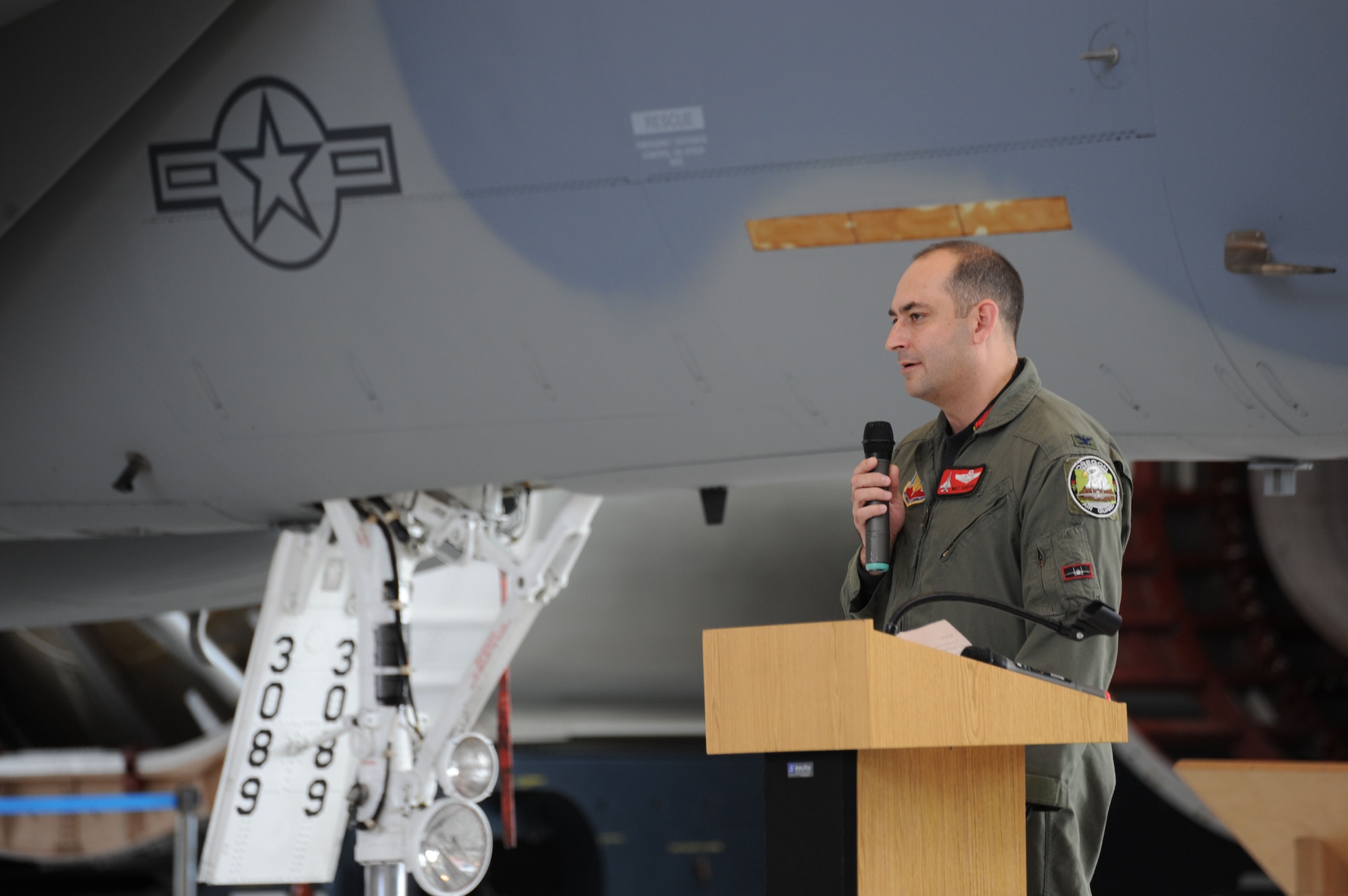 Col. Mathew Shuster expressed his appreciation and how a luck of the draw got his name put on the F-15A that was being dedicated. Aircraft 73-089 was dedicated to the Evergreen Aviation Museum Nov 11, 2010. 73-089 was the oldest flying F-15 Eagle retiring at thirty six years of service. One of the first production aircraft, 089 had a uniqueness that both the maintenance and pilots loved. US Air Force Photograph by Tech. Sgt. Greg Neuleib)