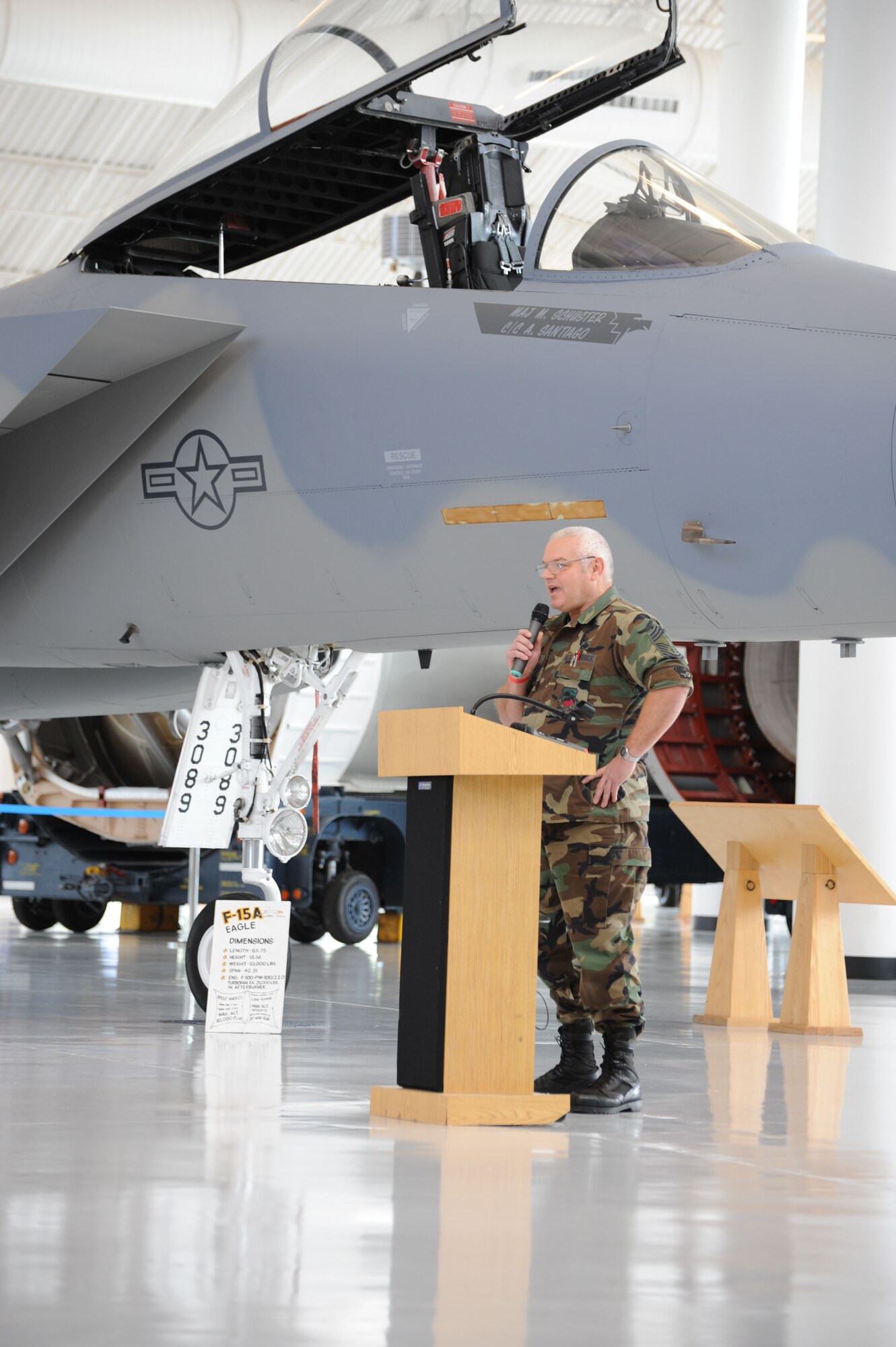 Command Chief Master Sgt. John Rasmussen spoke on the maintenance aspect of the Oregon Air Guard having one of the original production F-15A. Aircraft 73-089 was dedicated to the Evergreen Aviation Museum Nov 11, 2010. 73-089 was the oldest flying F-15 Eagle retiring at thirty six years of service. One of the first production aircraft, 089 had a uniqueness that both the maintenance and pilots loved. (US Air Force Photograph by Tech. Sgt. Greg Neuleib)