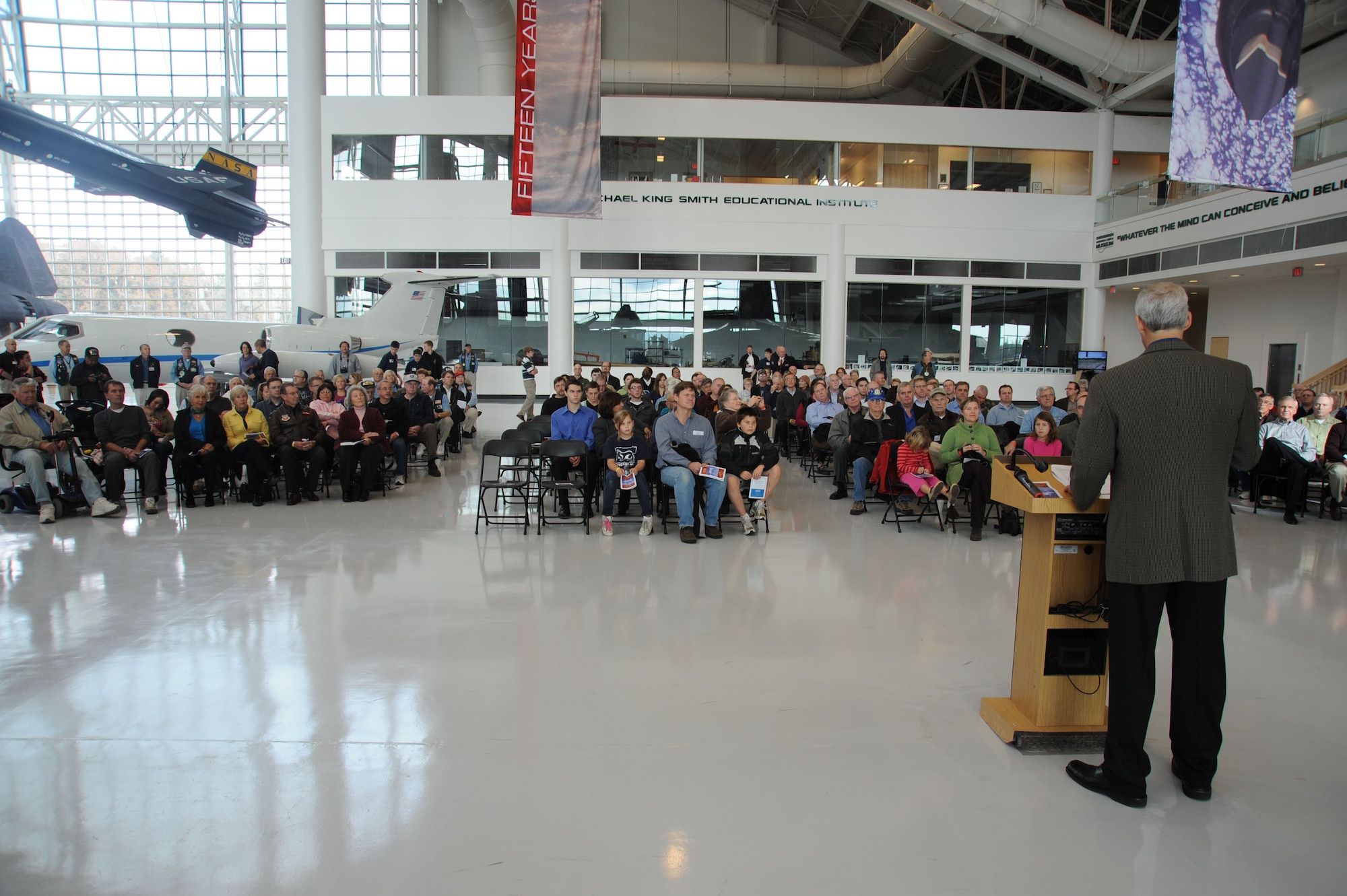 There was a full house as master of ceremony Lt. Col. (retired) Kevin Bode talked about the significance and background of the F-15 Eagle. Aircraft 73-089 was dedicated to the Evergreen Aviation Museum Nov 11, 2010. 73-089 was the oldest flying F-15 Eagle retiring at thirty six years of service. One of the first production aircraft, 089 had a uniqueness that both the maintenance and pilots loved. (US Air Force Photograph by Tech. Sgt. Greg Neuleib)