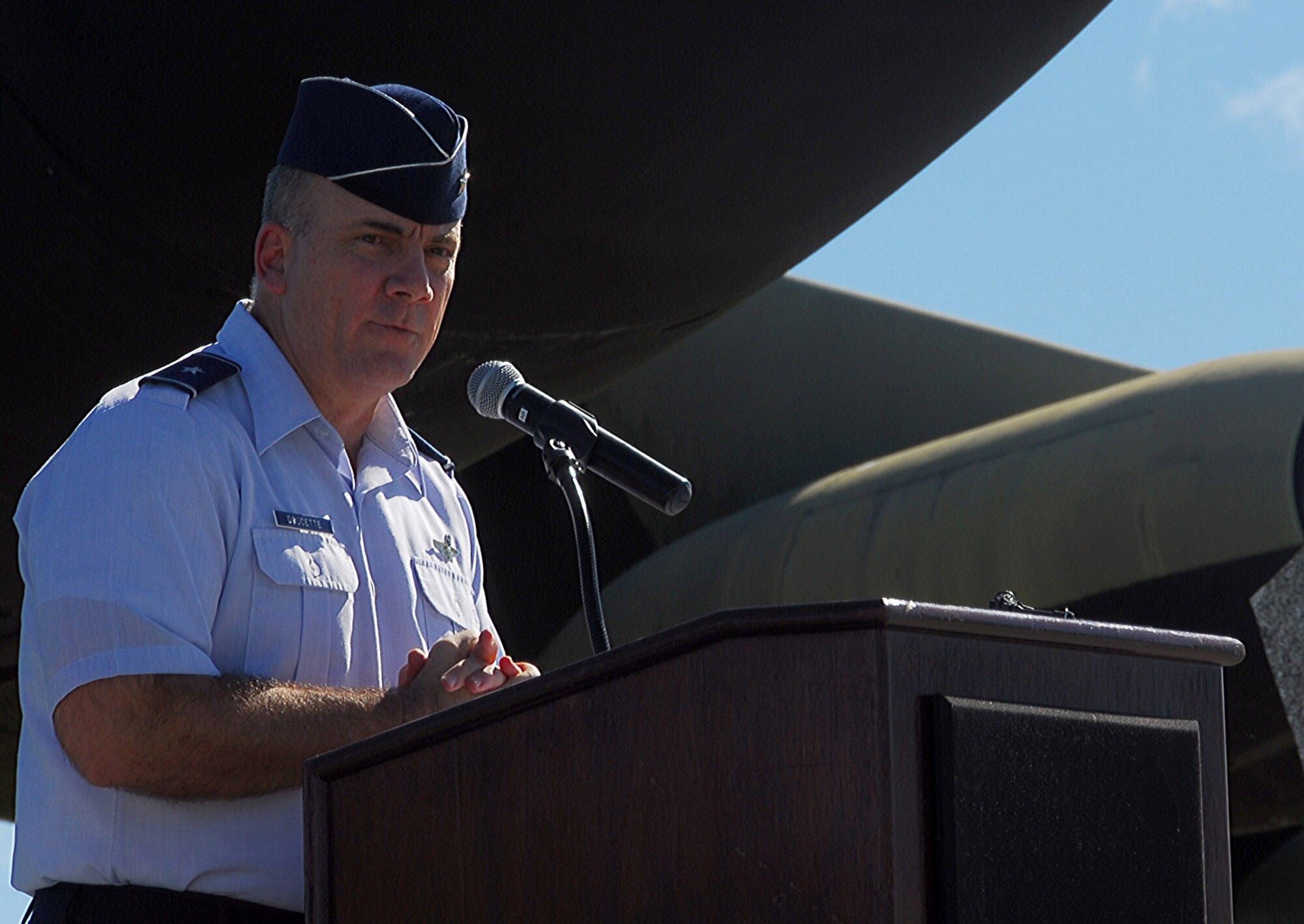 Brig. Gen. John Doucette, 36th Wing commander, speaks during an Operation Linebacker II memorial ceremony at Arc Light Memorial Park, Dec. 17, at Andersen Air Force Base, Guam. Operation Linebacker II went underway when, on Dec. 18, 1972, 87 B-52s were launched from Andersen in one hour and 43 minutes. Throughout the 11-day operation, Andersen-based B-52s flew 379 of the 729 sorties. Often called the "11-day war," Linebacker II led to the renewal of the Paris Peace Talks and, on January 28, 1973, the signing of a cease-fire agreement with the government of North Vietnam.  (U.S. Air Force photo/Staff Sgt. Jamie Powell)