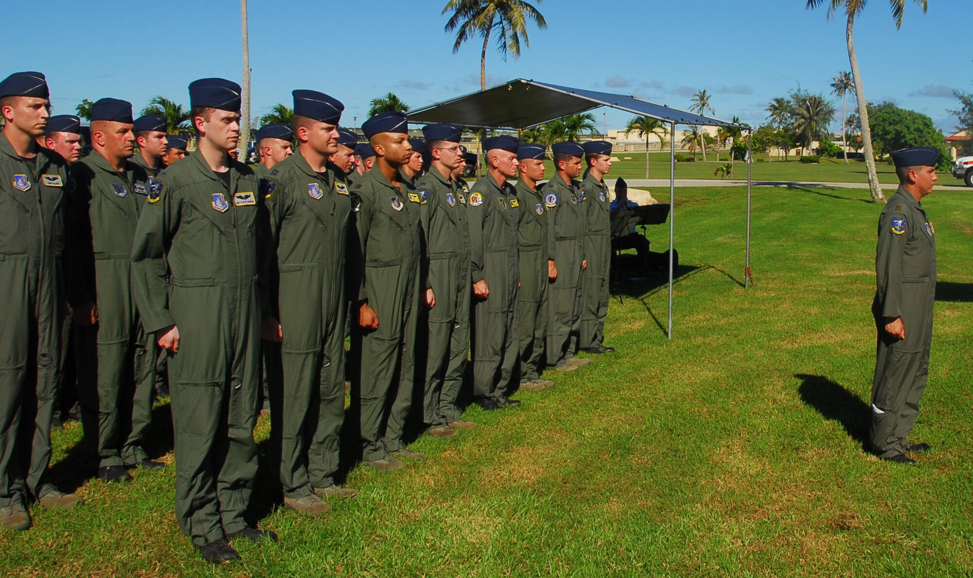 Aircrew members from the 36th Expeditionary Refueling Squadron, representing Airmen that lost their lives during Operation Linebacker ll, stand in formation during the memorial ceremony on Andersen Air Force Base, Guam, Dec. 17.  Operation Linebacker II was conducted from Dec. 18, 1972, to Dec. 29, 1972, after peace talks between the U.S. and North Vietnam broke down.  (U.S. Air Force photo/Staff Sgt. Jamie Powell)