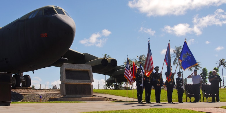 Brig. Gen. John Doucette (right center), 36th Wing commander, and retired Lt. Col. Charles "Chuck" McManus (far right), formerly a Strategic Air Command master navigator, render a salute during the National Anthem at the Linebacker ll memorial ceremony at Andersen Air Force Base, Guam, on Dec. 17.  Operation Linebacker II got underway when, on Dec. 18, 1972, 87 B-52s were launched from Andersen in one hour and 43 minutes. Throughout the 11-day operation, Andersen-based B-52s flew 379 of the 729 sorties. Often called the "11-day war," Linebacker II led to the renewal of the Paris Peace Talks and, on Jan. 28, 1973, the signing of a cease-fire agreement with the government of North Vietnam.  (U.S. Air Force photo/Staff Sgt. Jamie Powell)