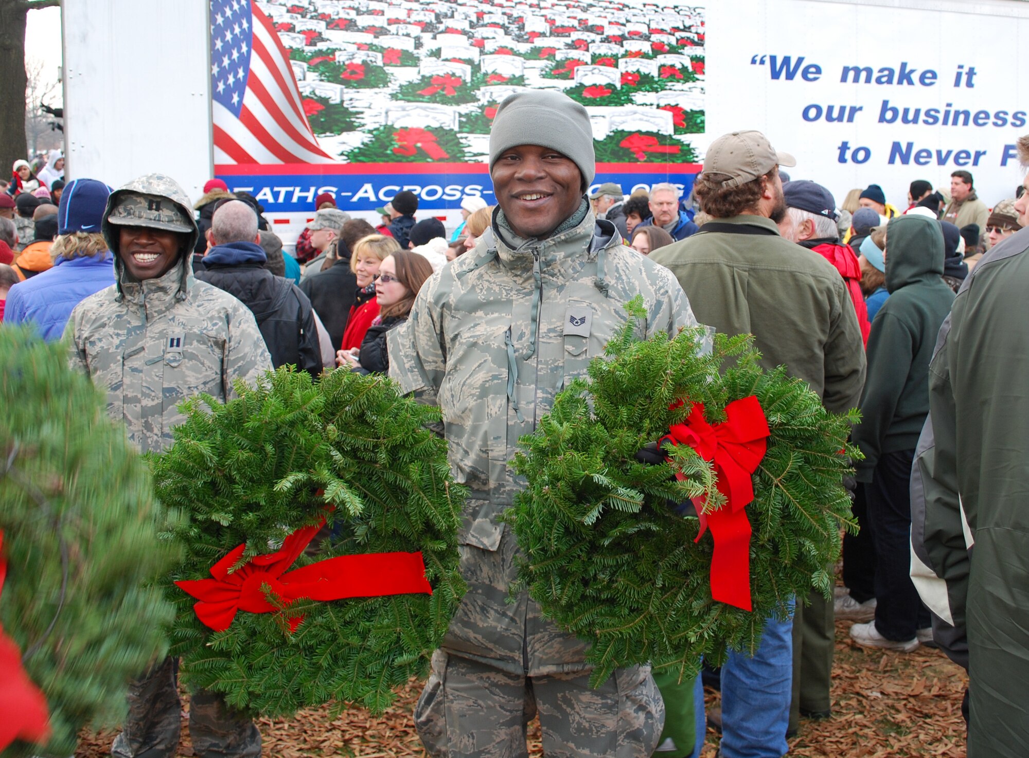 JOINT BASE MCGUIRE-DIX-LAKEHURST, N.J. -- Members of the 514th Air Mobility Wing help unload a truck full of donated wreaths as participants of the annual Wreaths Across America event held Dec. 11 at Arlington National Cemetery located in Arlington, Va. Volunteers placed wreaths on the headstones of fallen military veterans in honor of their memory. (U.S. Air Force photo/Senior Master Sgt. Chryl Ruff)