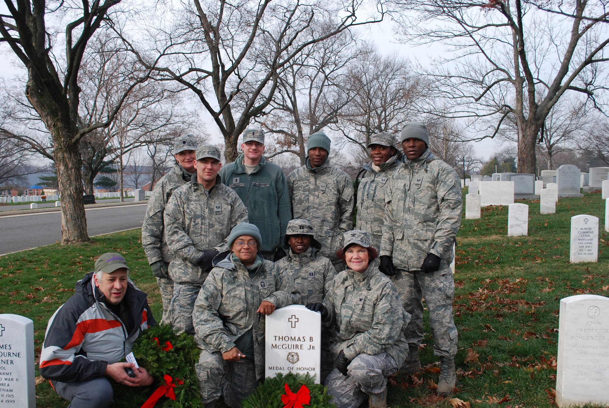 JOINT BASE MCGUIRE-DIX-LAKEHURST, N.J. -- Members of the 514th Air Mobility Wing made a special visit to the gravesite of Joint Base McGuire-Dix-Lakehurst's namesake, World War II Ace, Major Thomas B. McGuire Dec. 11, as part of their trip to Arlington National Cemetery, Arlington, Va., to participate in the annual Wreaths Across America event. (U.S. Air Force photo/Master Sgt. Chryl Ruff)