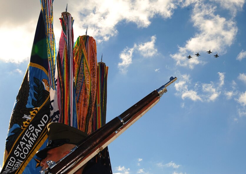 An F-16 flyover helped mark the opening of the new U.S. Southern Command Headquarters in Doral, Fla., Dec. 17, 2010. The aircraft hailed from the 482nd Fighter Wing of Homestead Air Reserve Base, Fla. Courtesy photo