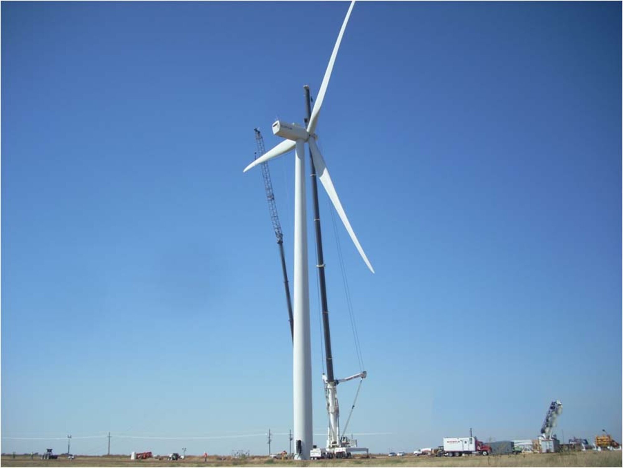 The Alstom wind turbine at Reese Technology Center at the former Reese Air Force Base in Lubbock, Texas, is 110 meters tall from the tip of its outstretched blade to the ground.  The turbine, which has been operating since Nov, 2010, generates 1.67 megawatts of power.  It is used for research in the Texas Tech University wind science and engineering program and for training in South Plains College's wind technician program.  (Courtesy photo)