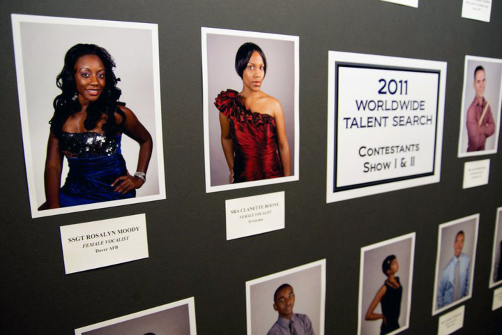 A picture of contestants from the first show night is displayed Dec. 10, 2010, at the entrance of the Bob Hope Performing Arts Center at Lackland Air Force Base, Texas, during the Tops in Blue Worldwide Talent Search. Senior Airman Clanette Boone (top center) was named the top female vocalist for the competition. (Courtesy photo) 