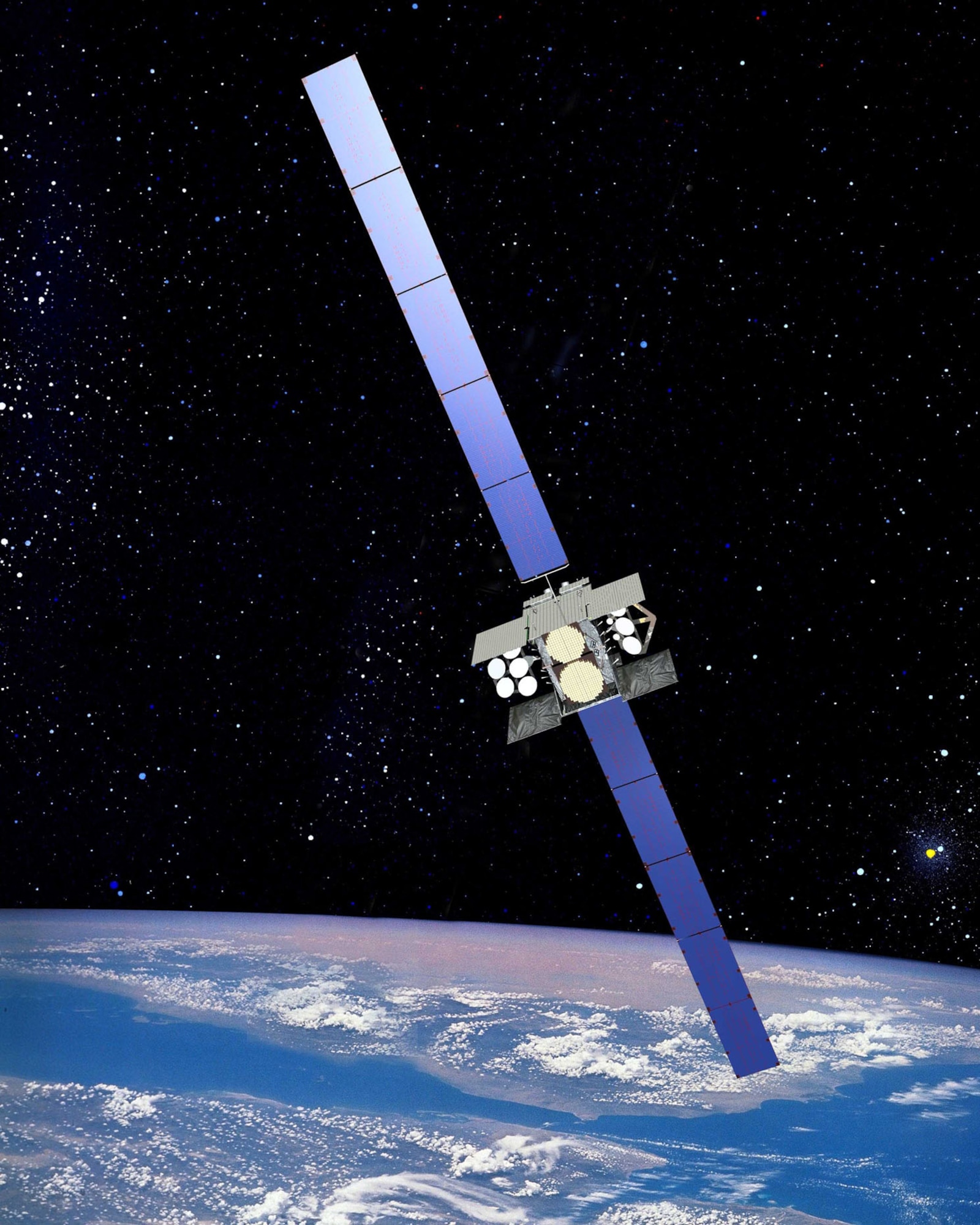 SCHRIEVER AIR FORCE BASE, Colo. -- An artist's rendering of a Wideband Global Satcom satellite. The 3rd Space Operations Squadron has been testing a satellite situational awareness tool known as Blue Force Status for the past two years using data collected from WGS satellites. (courtesy graphic)
