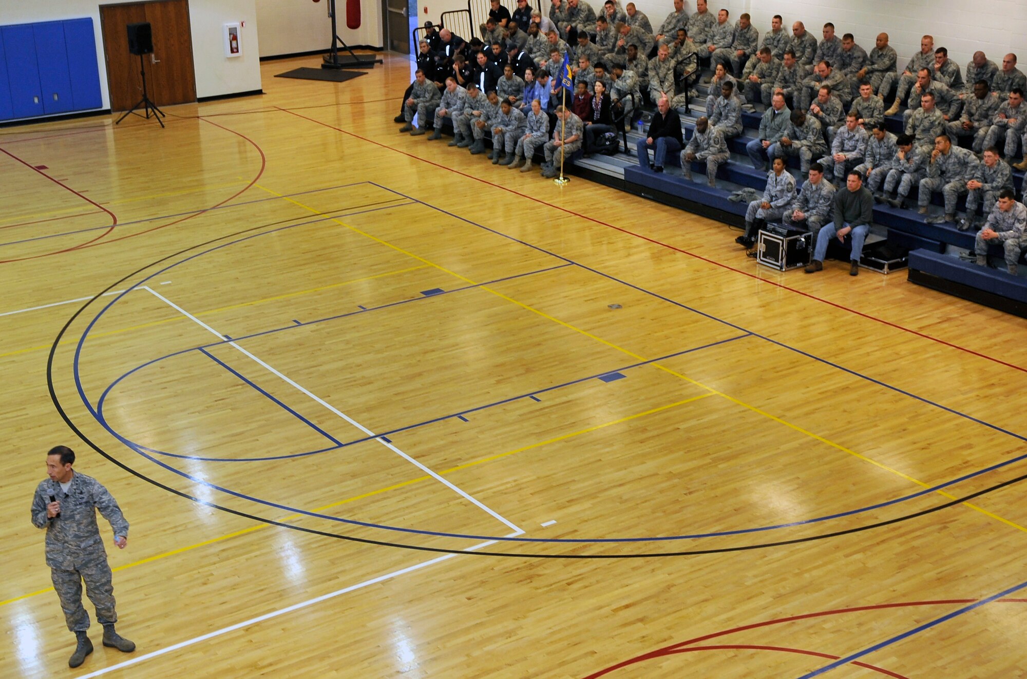 BUCKLEY AIR FORCE BASE, Colo. -- Lt. Gen. Larry D. James, 14th Air Force commander talks to Team Buckley during a commander's call. General James told the Airmen they were critical to the success of the Air Force mission.  (U.S. Air Force photo by Airman 1st Class Paul Labbe.)

