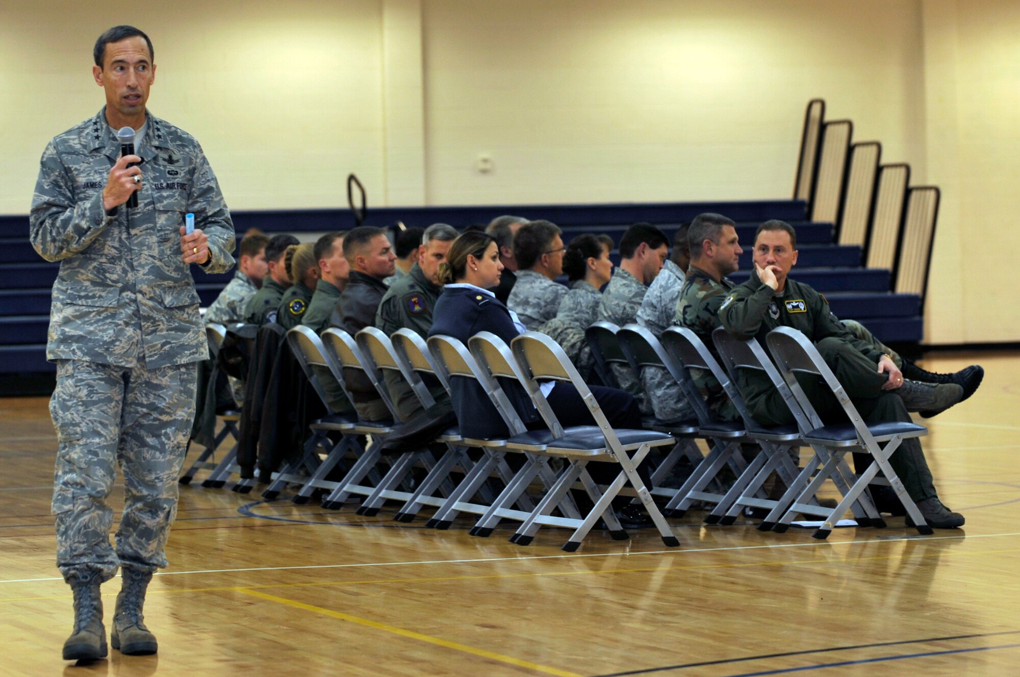 BUCKLEY AIR FORCE BASE, Colo. -- Lt. Gen. Larry D. James, 14th Air Force commander talks about Air Force priorities during a commander's call at Buckley Air Force Base.  (U.S. Air Force photo by Airman 1st Class Paul Labbe.)
