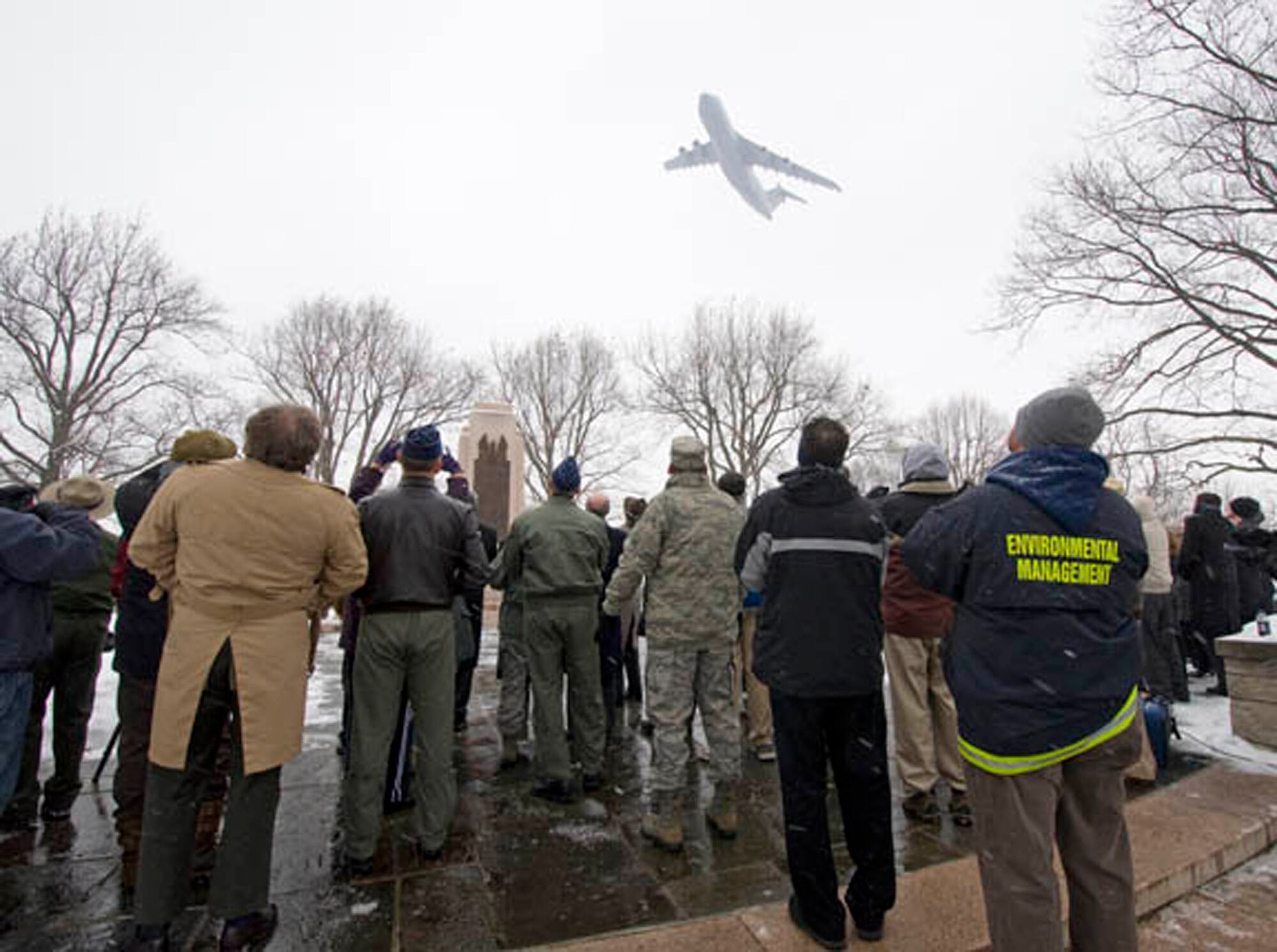 WRIGHT-PATTERSON AIR FORCE BASE, Ohio - A 445th Airlift Wing C-5 Galaxy performed a flyover during the 107th Anniversary of the Wright Brothers’ First Powered Flight Dec. 17.  Col. Stephen Goeman, 445 AW commander, was the keynote speaker at the event held at Wright Memorial Hill.  (Photo by Timothy R. Gaffney)