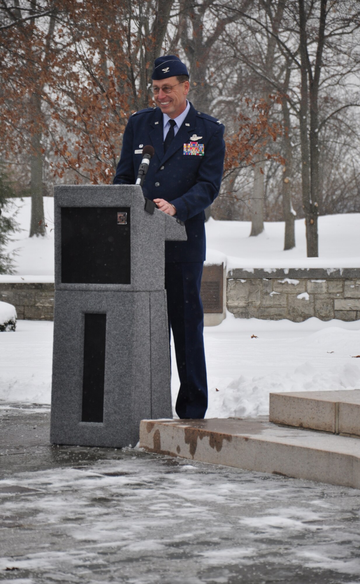 WRIGHT-PATTERSON AIR FORCE BASE, Ohio - Col. Stephen Goeman, 445th Airlift Wing commander, was the keynote speaker for the 107th Anniversary of the Wright Brothers’ First Powered Flight Dec. 17.   (U.S. Air Force photo/Stacy Vaughn)