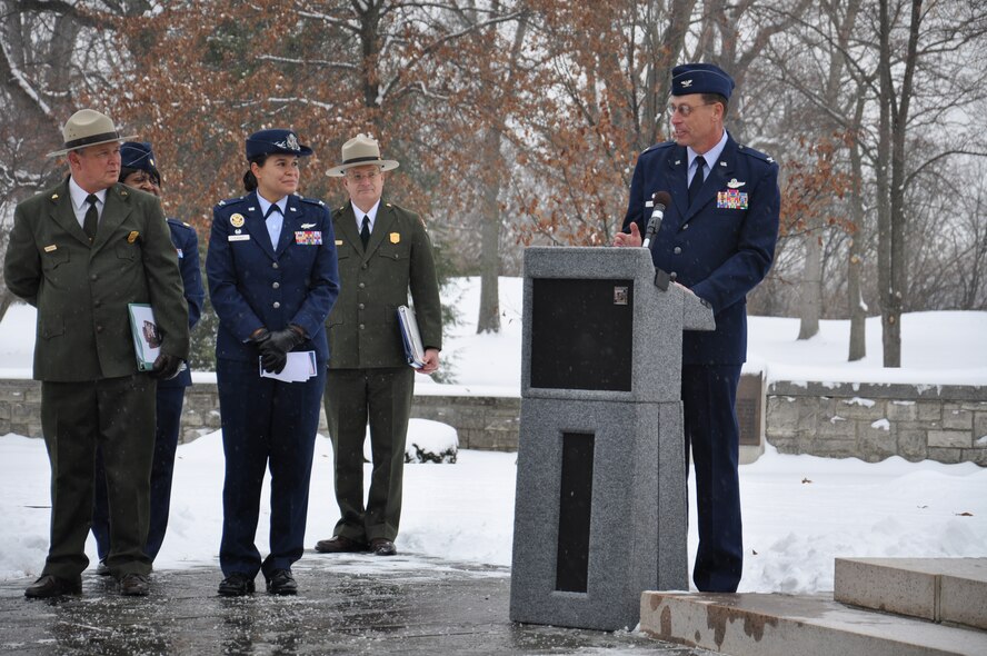 WRIGHT-PATTERSON AIR FORCE BASE, Ohio - On the right, Col. Stephen Goeman, 445th Airlift Wing commander, was the keynote speaker for the 107th Anniversary of the Wright Brothers’ First Powered Flight Dec. 17.   (U.S. Air Force photo/Stacy Vaughn)