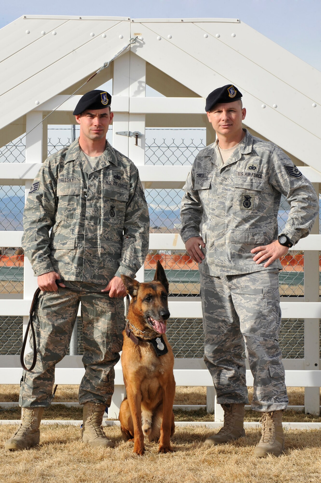 BUCKLEY AIR FORCE BASE, Colo. -- Airman Rico, 460th Security Forces squadron and his past and current handlers Tech. Sgt. Edward Canell, 460th Security Forces Squadron, and Staff. Sgt. David Duritsky, 460th Security Forces squadron poses for a photo on Dec. 14, 2010. Rico has deployed more than five times to various areas around the world such as Pakistan, Iraq, South West Asia, and Qatar. (U.S. Air Force photo by Airman 1st Class Paul Labbe.) 
