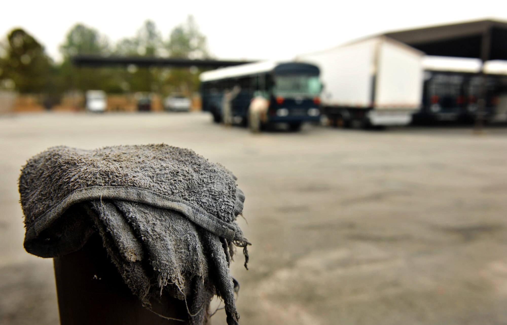 MOODY AIR FORCE BASE, Ga.-- A rag that was used to clean a bus sits on a caution pole. All vehicles used at the 23rd Logistics Readiness Squadron vehicle operations flight are inspected and cleaned on a weekly basis. (U.S. Air Force photo/Airman 1st Class Joshua Green)(RELEASED)
