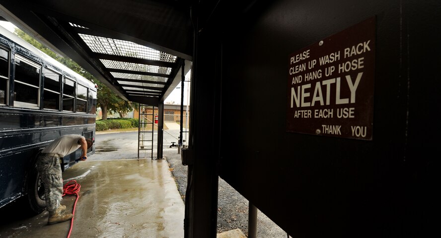 MOODY AIR FORCE BASE, Ga.-- A sign displays specific procedures for what to do after washing vehicles. Airmen from the 23rd Logistics Readiness Squadron vehicle operations flight cleaned buses used from a recent operational readiness exercise. (U.S. Air Force photo/Airman 1st Class Joshua Green)(RELEASED)
