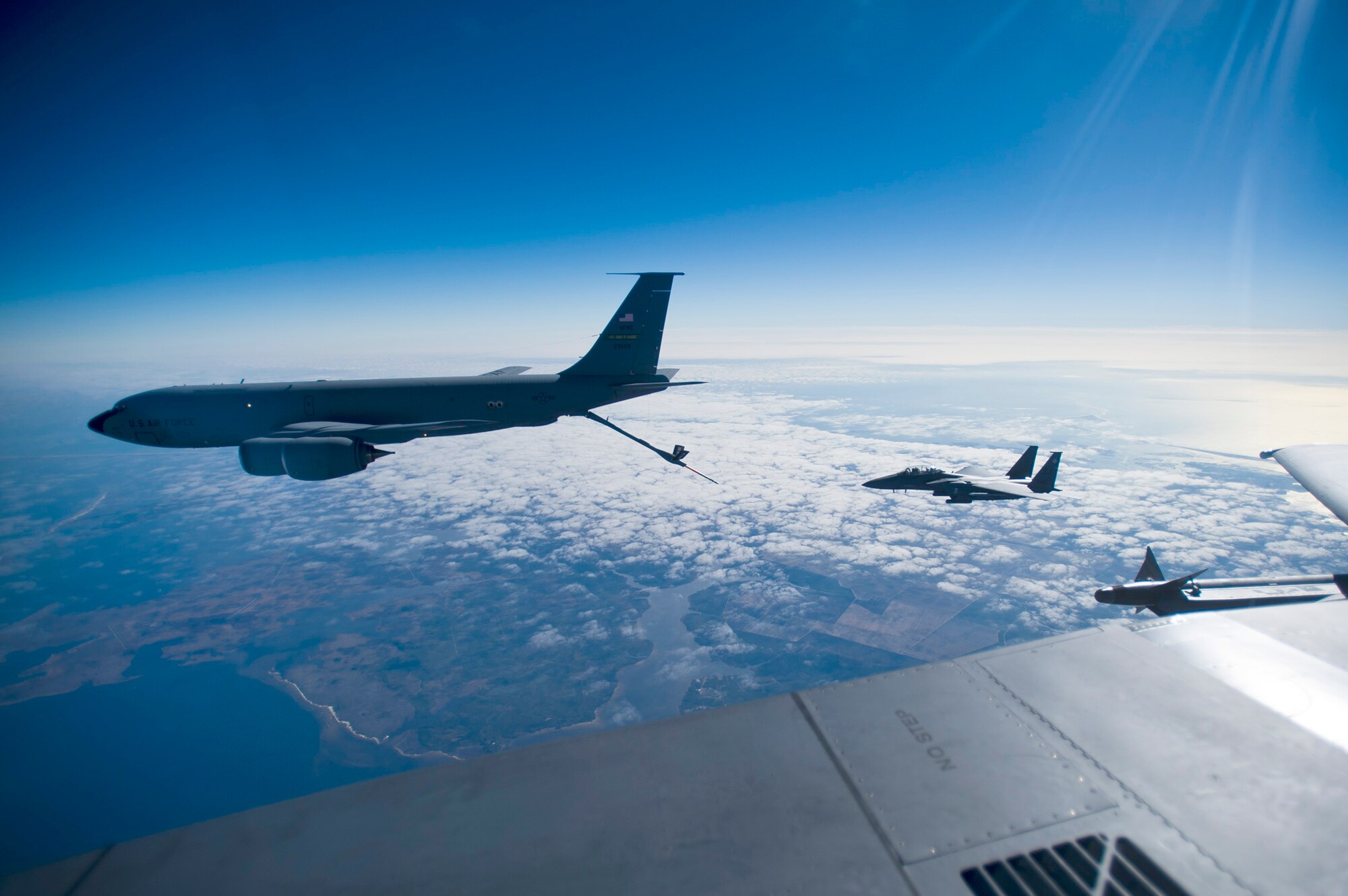 The pilot of an F-15E Strike Eagle approaches a KC-135R Stratotanker during a training mission Dec. 17, 2010, over North Carolina. The F-15E is from the 335th Fighter Squadron from Seymour Johnson Air Force Base, N.C. (U.S. Air Force photo/Staff Sgt. Michael B. Keller)