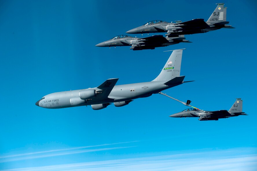 The pilot of an F-15E Strike Eagle approaches a KC-135R Stratotanker during a training mission Dec. 17, 2010, over North Carolina. The F-15E is from the 335th Fighter Squadron from Seymour Johnson Air Force Base, N.C. (U.S. Air Force photo/Staff Sgt. Michael B. Keller)