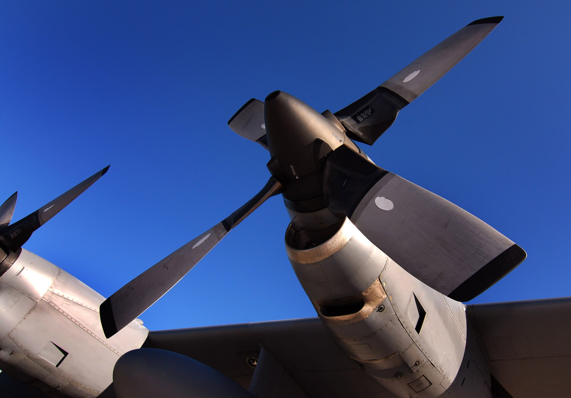 The four bladed propellers on the C-130H2 Hercules are 13.5 feet in diameter and the Allison T56-A-15 turboprop engine produces 4,300 horsepower.  The Hercules belongs to the 94th Airlift Wing at Dobbins Air Reserve Base, Ga., Dec 20.    (U.S. Air Force photo/ Brad Fallin)