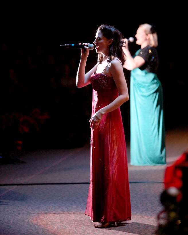 TSgt Christin Foley (front) and SSgt Mary Beth McFann perform "It's the Most Wonderful Time of the Year" during the Band of the West's 2010 production of Holiday in Blue.