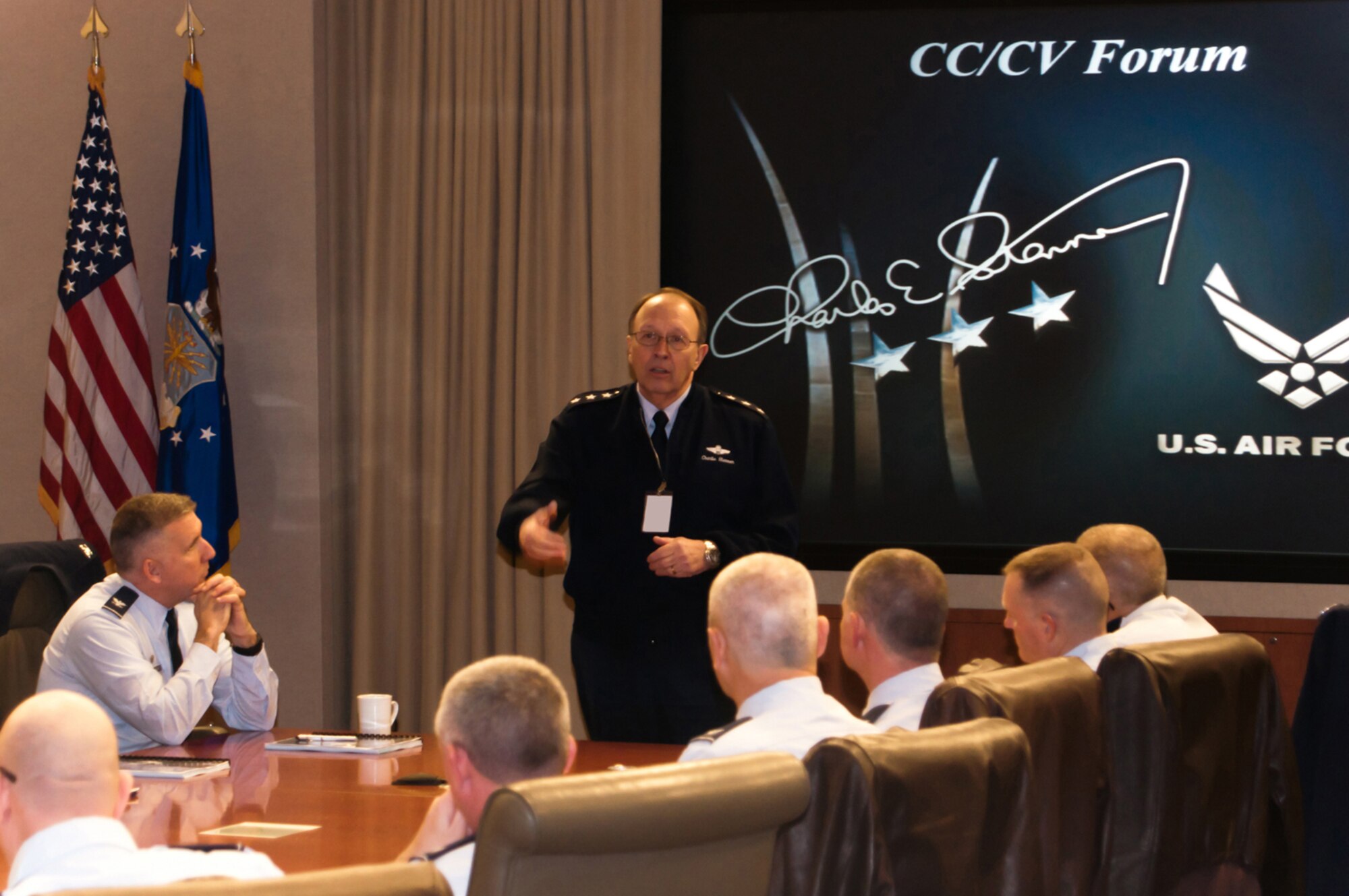 Lt. Gen. Charles E. Stenner Jr., commander of Air Force Reserve Command, greets senior officers at the command's Commander/Vice Commander Forum Dec. 20, 2010, at Robins Air Force Base, Ga. General Stenner and members of the Headquarters AFRC key staff briefed their visitors on a variety of subjects affecting the future of the command. (U.S. Air Force photo/Staff Sgt. Alex Saltekoff)