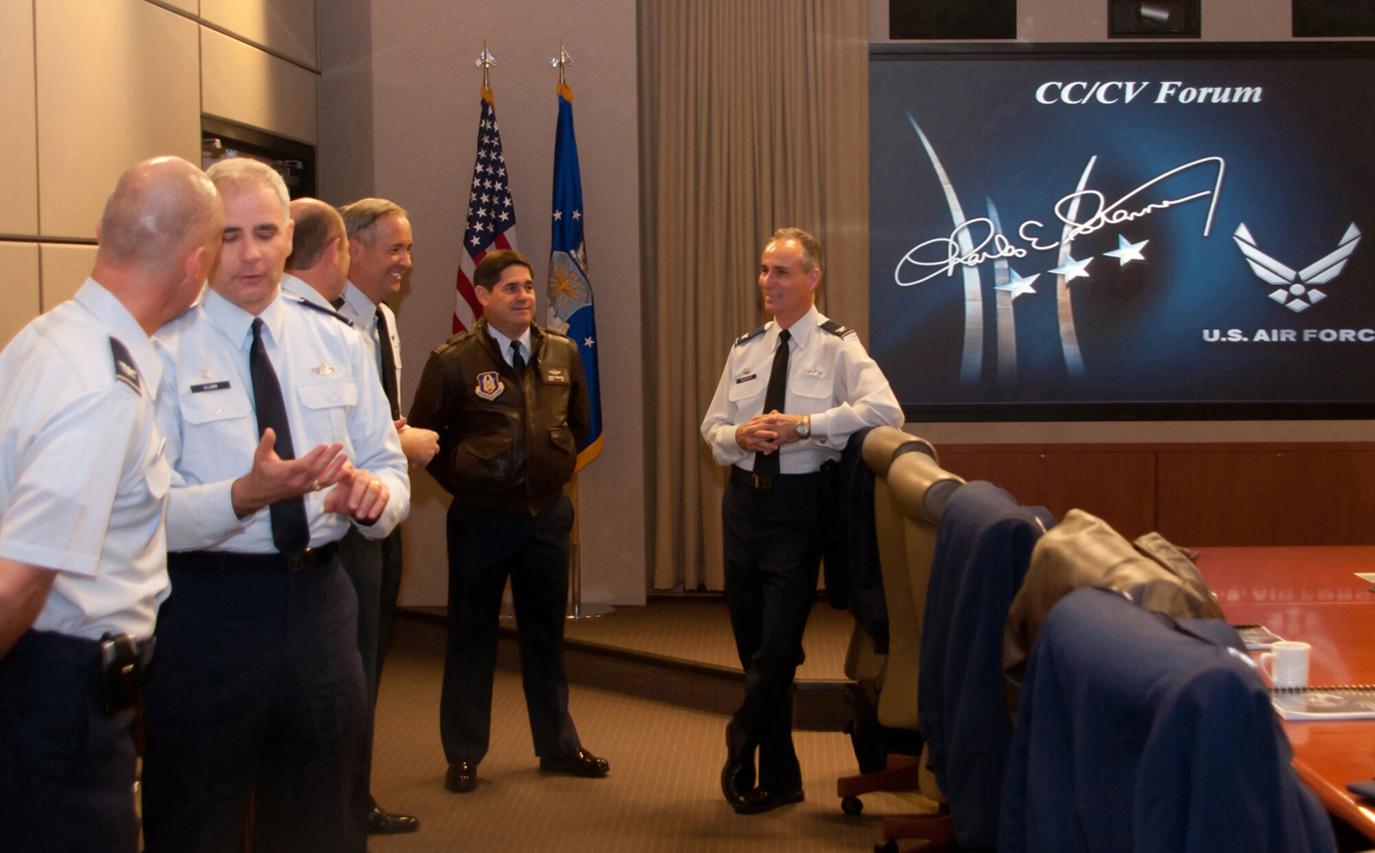 Participants at the Air Force Reserve Command Commander/Vice Commander Forum chat before the forum starts on Dec. 20, 2010. Lt. Gen. Charles E. Stenner Jr., AFRC commander, hosted the two-day event at the command headquarters at Robins Air Force Base, Ga. (U.S. Air Force photo/Staff Sgt. Alex Saltekoff)
