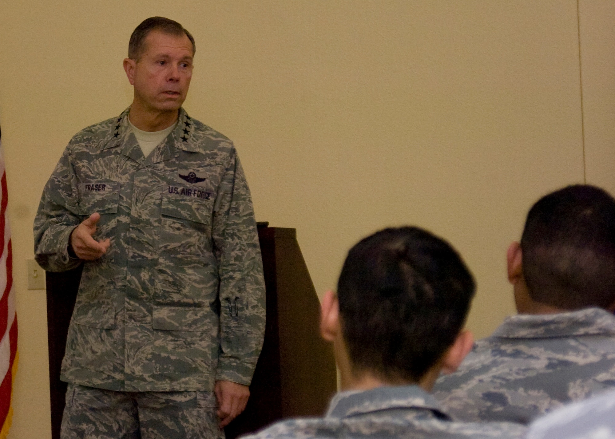 FORT BLISS, Texas -- Gen. William M. Fraser III, commander of Air Combat Command, speaks to Airmen at 7th Air Support Operations Squadron's headquarters building on East Fort Bliss, Dec. 7. "I hope the conclusion [local Airmen] draw is the Air Force leadership is interested in them, cares about their issues and is willing to quickly address the critical issues that they brought up," said Lt. Col. Adrian Clarke, commander of the 7th ASOS, on the value of General Fraser's visit to Bliss. (U.S. Army photo/David Poe)