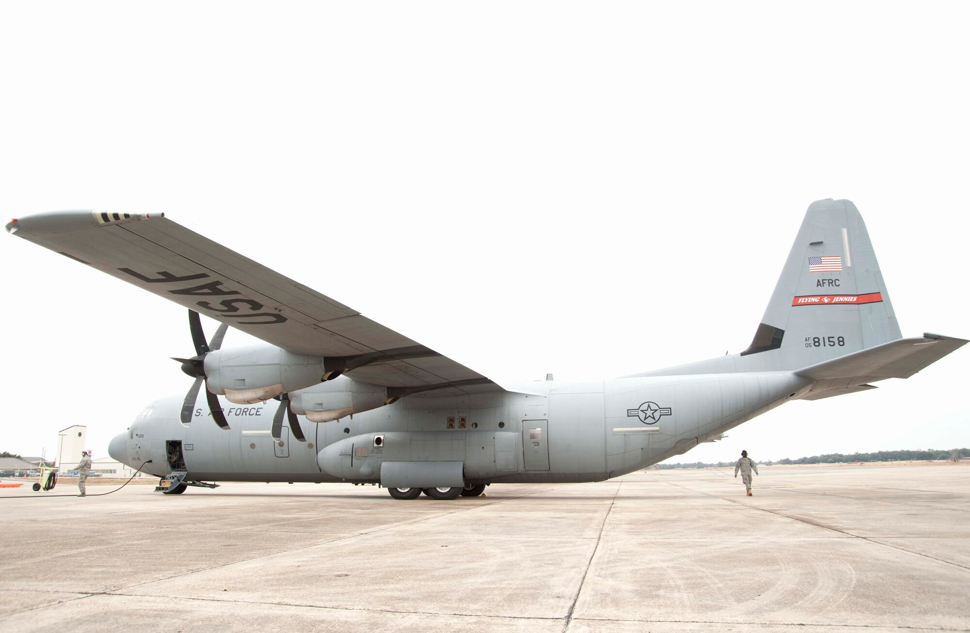An 815th Airlift Squadron C-130J-30 aircraft is prepped for an airdrop training exercise. Reservists with the 815th AS and active-duty members from the 345th AS prepare for an upcoming deployment early next year in support of overseas contingencies in Southwest Asia. The 815th "Flying Jennies" and 345th "Golden Eagles," an active associate unit, work and train side-by-side as part of the 403rd Wing at Keesler Air Force Base, Miss. (U.S. Air Force photo by Tech. Sgt. Ryan Labadens)