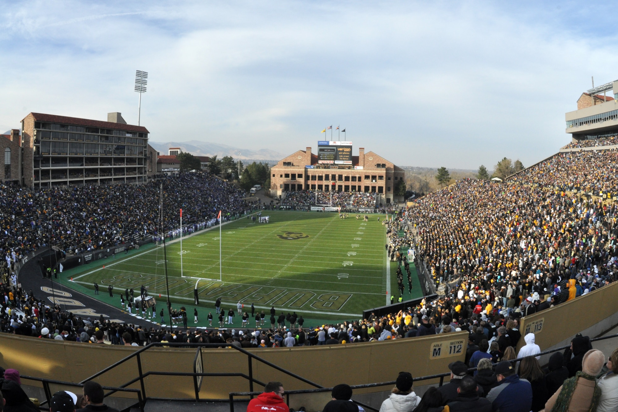 A birds-eye view of Folsom Field during the 4th quarter of the game against Kansas State University at the University of Colorado in Boulder, Colo., Nov. 20, 2010. Ralphie, a live buffalo, is one of the more unique mascots in all of intercollegiate athletics and leads the football team out on the field both at the start of the game and second half. Danielle Morgan, who is the daughter of Lt. Col. (Ret) Charlie Morgan, a former process manager for the 917th Wing at Barksdale Air Force Base, La., is a Ralphie Handler and ran out onto the field with the CU mascot at the beginning of the game. CU won the contest with K-State 44-36. (Courtesy photo/Jeff Walston) 