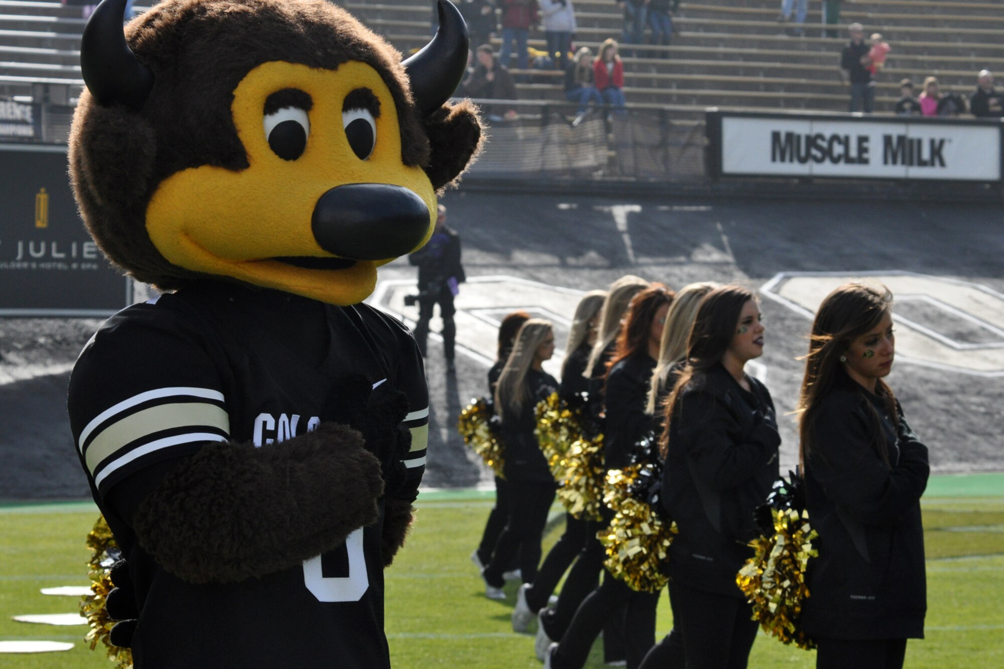 Chip, the University of Colorado's costumed mascot, shows his patriotism during the playing of the National Anthem before the game between the University of Colorado and Kansas State University at Folsom Field in Boulder, Colo., Nov. 20, 2010. Chip earned top honors in the 2010 Universal Cheerleading Association's mascot competition, making him a back-to-back national champion. (Courtesy photo/Jeff Walston)  