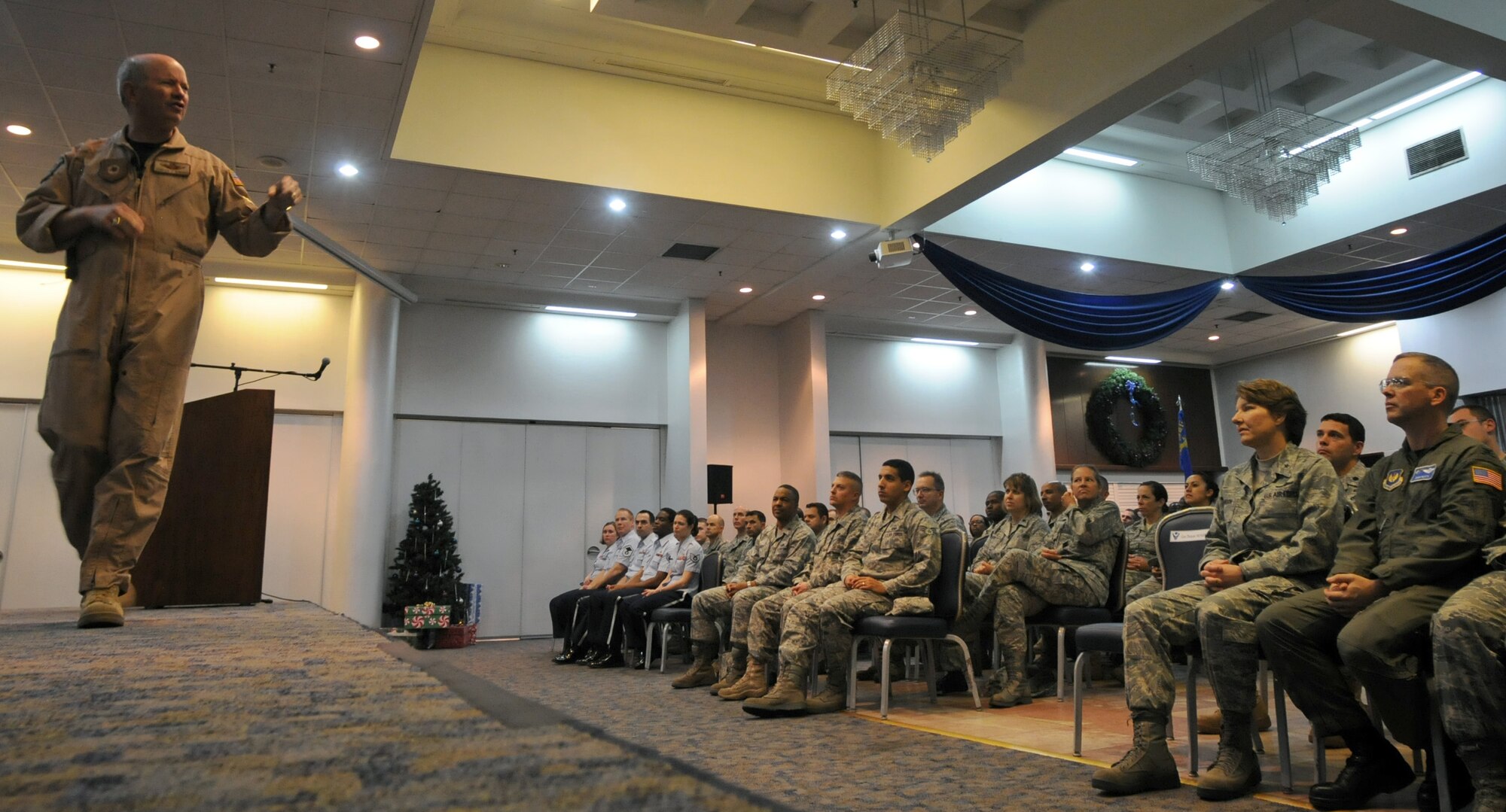 Gen. Duncan J. McNabb, the commander of the U.S. Transportation Command, talks during a commander’s call Dec. 17, 2010 at Incirlik Air Base, Turkey. During General McNabb’s visit to the 39th Air Base Wing he also visited with members of the 39th Maintenance Squadron, 728th Air Mobility Squadron, 39th Security Forces Squadron and the 90th Expeditionary Air Refueling Squadron. (U.S. Air Force photo by Senior Airman Sara Csurilla/Released)