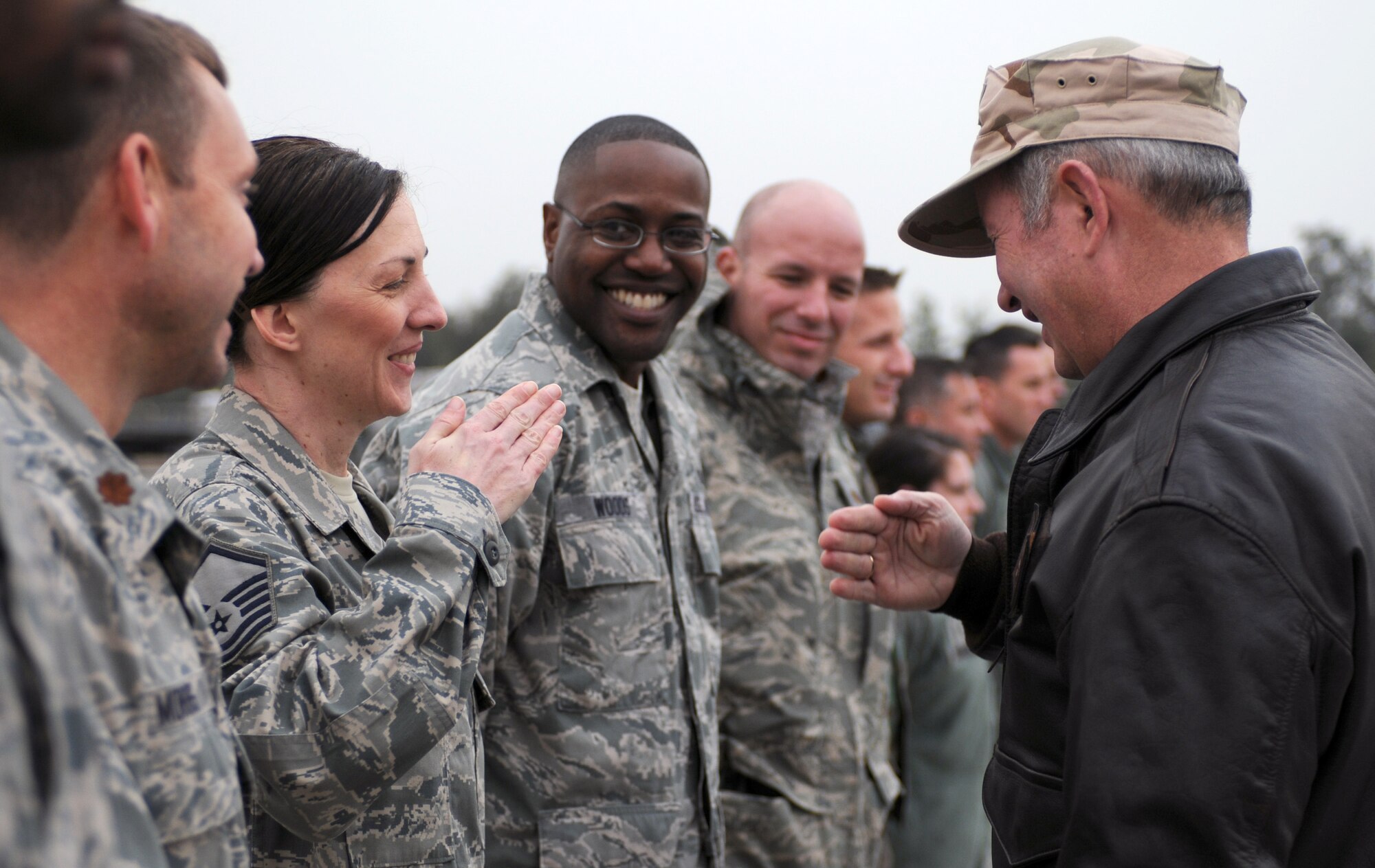 Master Sgt. Blenda Mease, with the 728th Air Mobility Squadron, greets Gen. Duncan J. McNabb, the commander of the U.S. Transportation Command, with a salute during his visit Dec. 17, 2010 to Incirlik Air Base, Turkey. During General McNabb’s visit to the 39th Air Base Wing he spoke to Airmen from around the wing at a commander’s call and visited with members of the 39th Maintenance Squadron, 728th AMS, 39th Security Forces Squadron and the 90th Expeditionary Air Refueling Squadron. (U.S. Air Force photo by Senior Airman Sara Csurilla/Released)