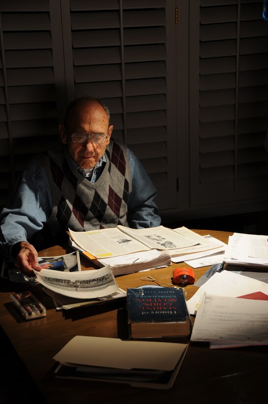 Retired Marine Col. Robert C. Lehnert, a former fighter pilot, reflects on flying combat missions during three separate wars, while at home in Denver, Colo., Dec. 23, 2010.  Lehnert has made it his goal to make sure an accident that occurred during World War II with Marine Fighting Squadron 422, is never forgotten.   Lehnert has compiled and collected many books and reports on what happened Jan. 25, 1944, when 22 of the squadron’s 23 planes were lost at sea during a flight over the Pacific Ocean.