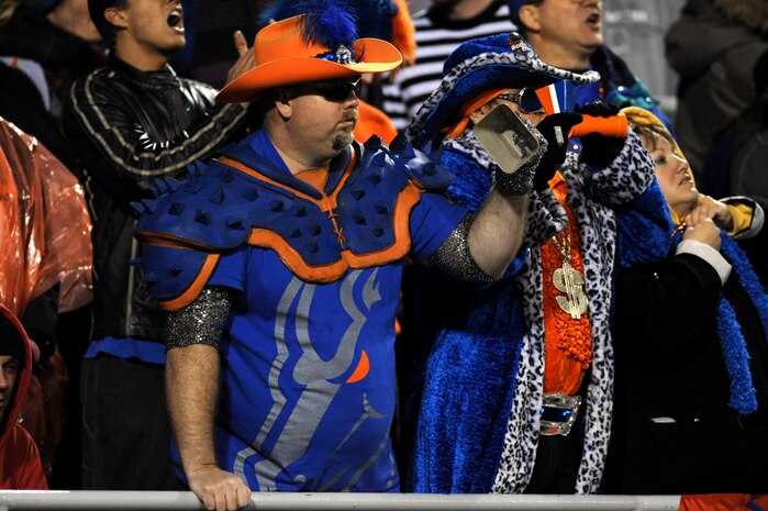 LAS VEGAS --Boise State Bronco fans cheer for their team as they score their second touchdown in the second quarter of the MAACO Las Vegas Bowl at Sam Boyd Stadium Dec. 22. More than 200 Airmen from Nellis and Creech Air Force Bases attended the game after saluting in formation for the opening ceremonies. (U.S. Air Force photo by Airman 1st Class Daniel Hughes/Released)
