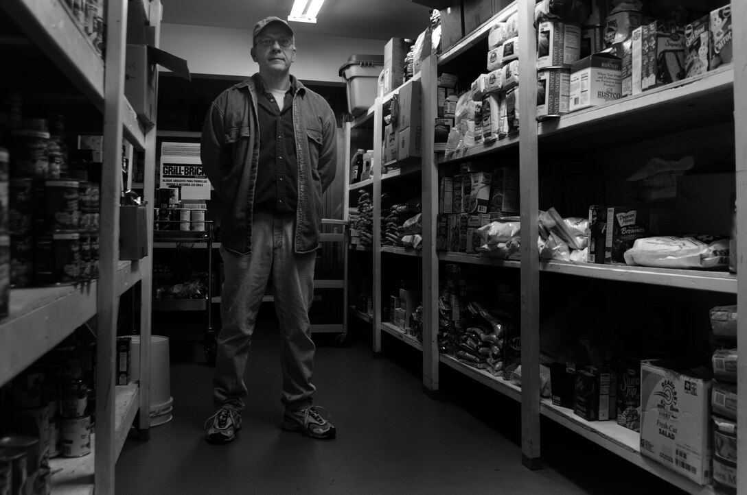 Steven Comstock, a homeless veteran stays at the Cornerstone Rescue Mission in Rapid City S.D., while working to get back on his feet, Dec. 21.  The mission provides the homeless with warm meals donated by local organizations and charities. (U.S. Air Force photo/Senior Airman Anthony Sanchelli)