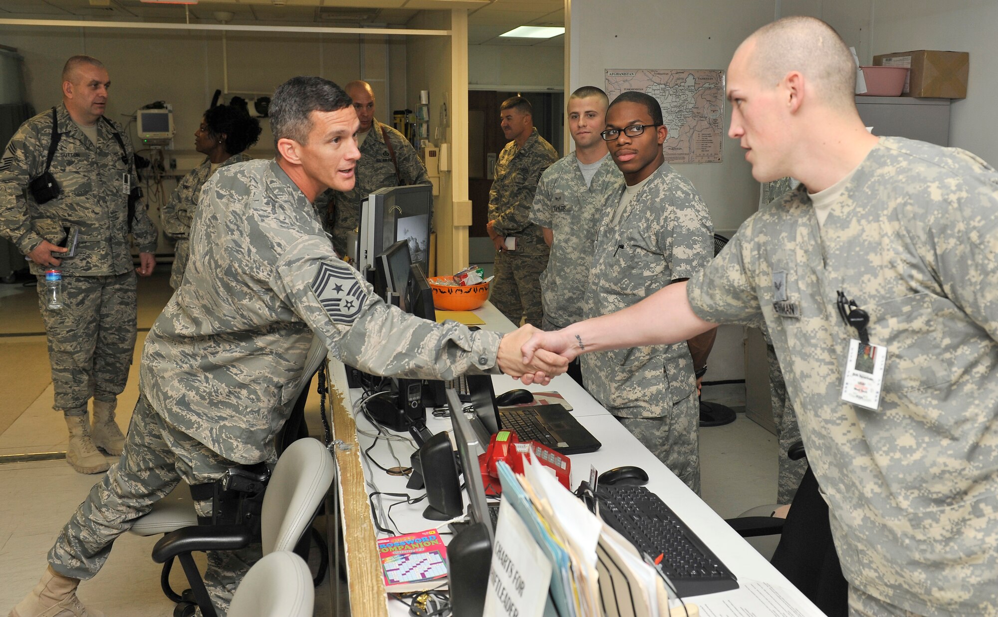 U.S. Air Forces Central Command Chief Richard A. Parsons meets 455th Air Expeditionary Wing Airmen at the Craig Joint Theater Hospital, Bagram Airfield, Afghanistan Dec. 18, 2010. Chief Parsons took over as the senior enlisted advisor to Lt. Gen. Michael Hostage, AFCENT commander, Dec. 12, 2010 and is currently circulating the area of operations getting to know the Airmen and their missions. (U.S. Air Force Photo/Staff Sgt. Chris Boitz)